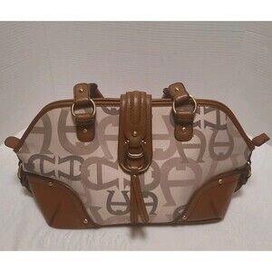 Etienne Aigner Signature Canvas Leather Satchel Shoulder Bag Brown Tan Monogram